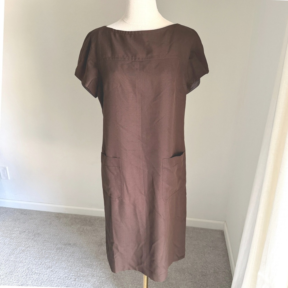 Vintage Brown 100% Silk Shift Dress Neiman Marcus 8 90s Minimal Old Money Chic